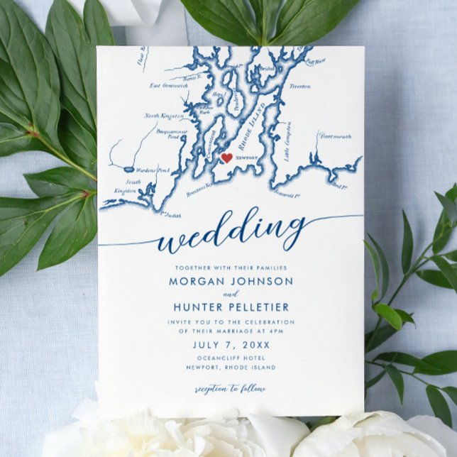 Minimal Modern Newport Rhode Island Map Wedding Invitation (Newport Rhode Island Wedding Invitation with a minimal modern elegant map design in navy blue )