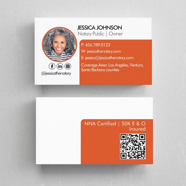 Minimal & Modern Orange QR Code Notary Photo  Business Card (Creator Uploaded)