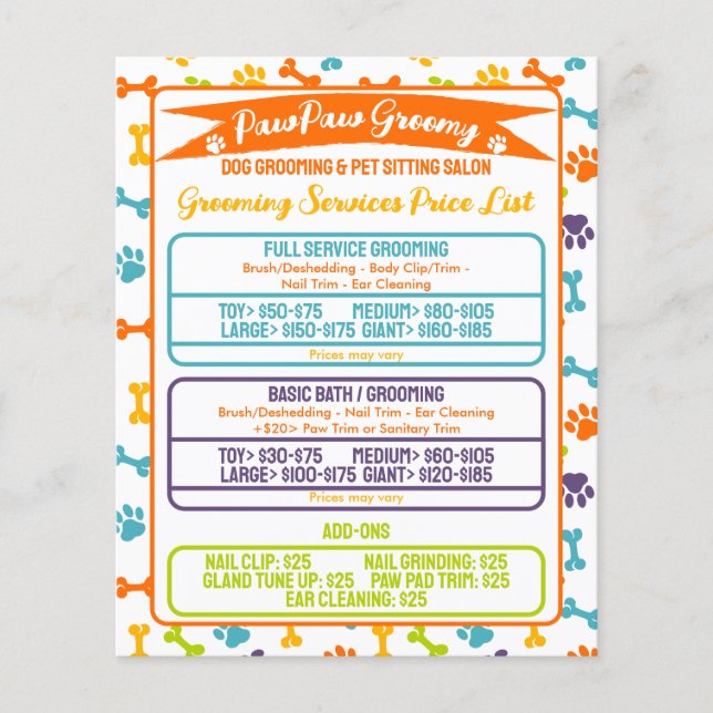 Minimal modern Paws Dog Grooming Price List Flyer (Front)