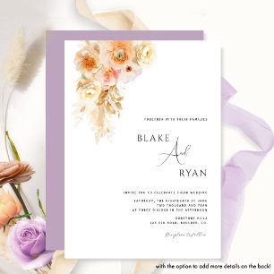Minimal Modern Peach, Cream, Purple Floral Wedding Invitation