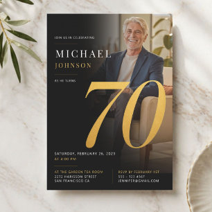 Minimal Modern Photo Black and Gold 70th Birthday Invitation
