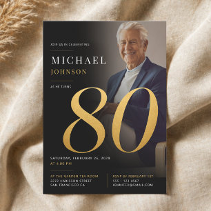 Minimal Modern Photo Black and Gold 80th Birthday Invitation