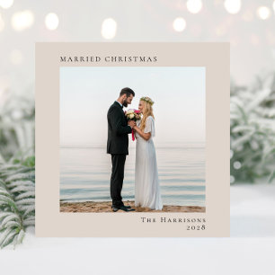 Minimal Modern Photo Married Christmas Taupe Holiday Card
