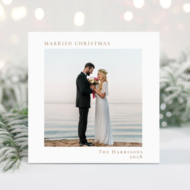 Minimal Modern Photo Married Christmas White Gold Holiday Card (A beautiful and unique photo card to announce your marriage to family + friends this holiday season)