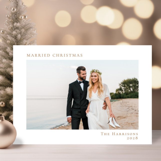 Minimal Modern Photo Married Christmas White Gold Holiday Card (A beautiful and unique photo card to announce your marriage to family + friends this holiday season)