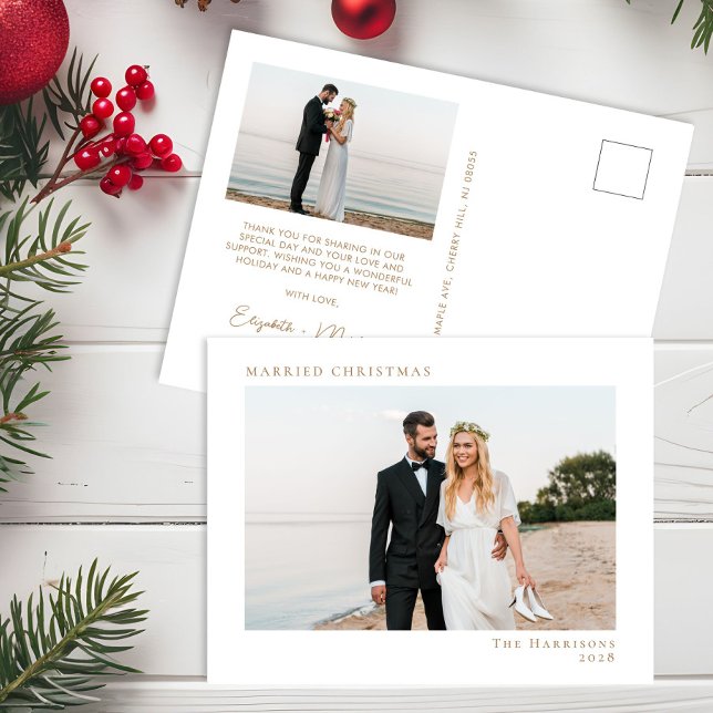 Minimal Modern Photo Married Christmas White Gold Holiday Postcard (Creator Uploaded)