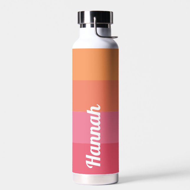 Minimal Modern Pink Orange Stripes Personalised  Water Bottle (Left)