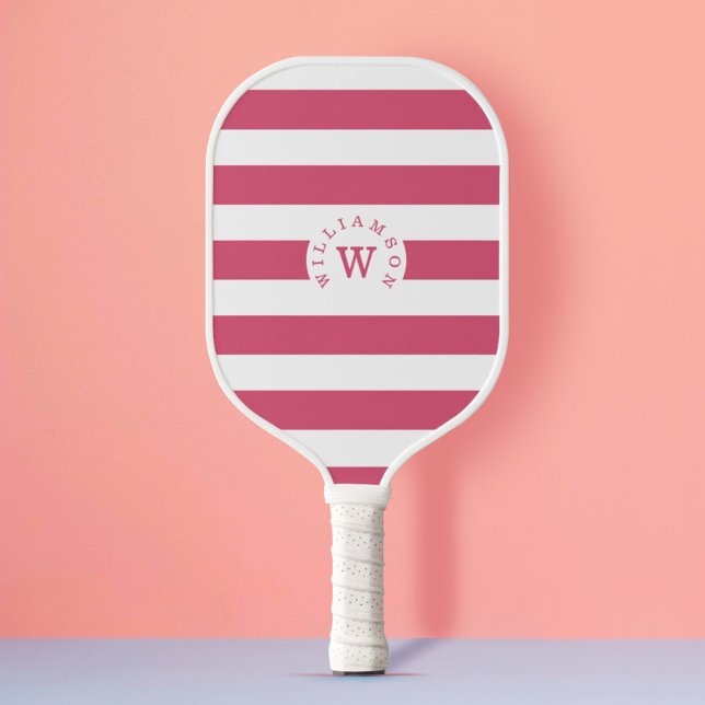 Minimal Modern Pink Stripe Custom Monogram & Name Pickleball Paddle (Creator Uploaded)