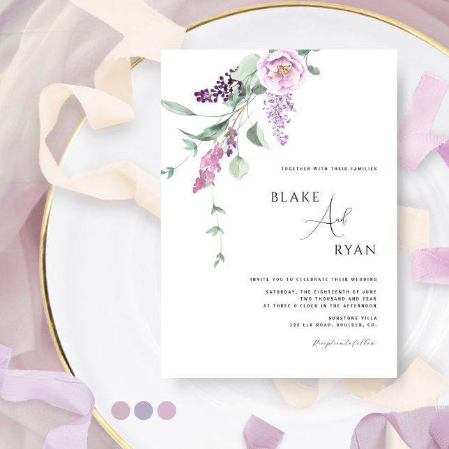 Minimal, Modern Purple Mauve Pastel Floral Wedding Invitation (Creator Uploaded)