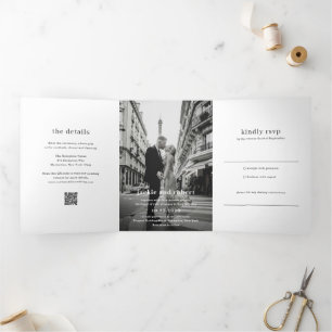 Minimal Modern QR Code Photo Wedding Tri-Fold Invitation