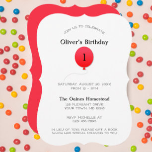 Minimal Modern Red Balloon Any Number Birthday Invitation