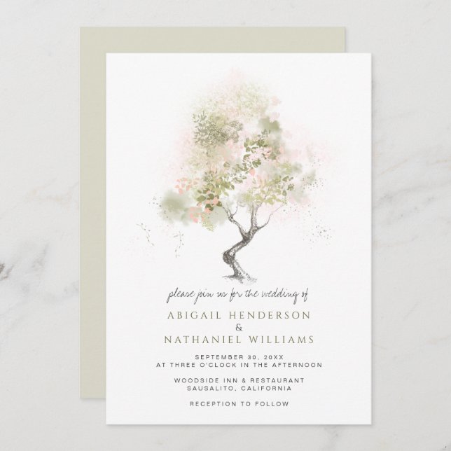 Minimal Modern Sage Green Tree Watercolor Wedding Invitation (Front/Back)