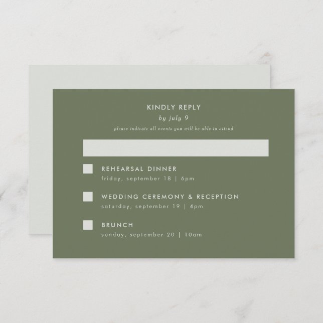 Minimal Modern Sage Green Wedding Multi-Event RSVP Card (Front/Back)