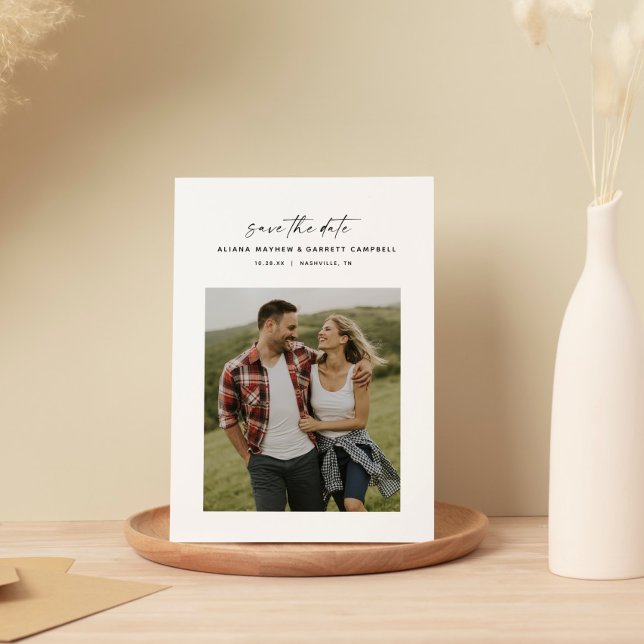 Minimal modern script black and white photo save the date (Creator Uploaded)