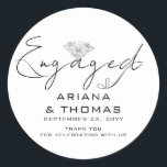 Minimal Modern Script Engagement Party Classic Round Sticker<br><div class="desc">Diamond Gem with Script and San Serif Typography.</div>