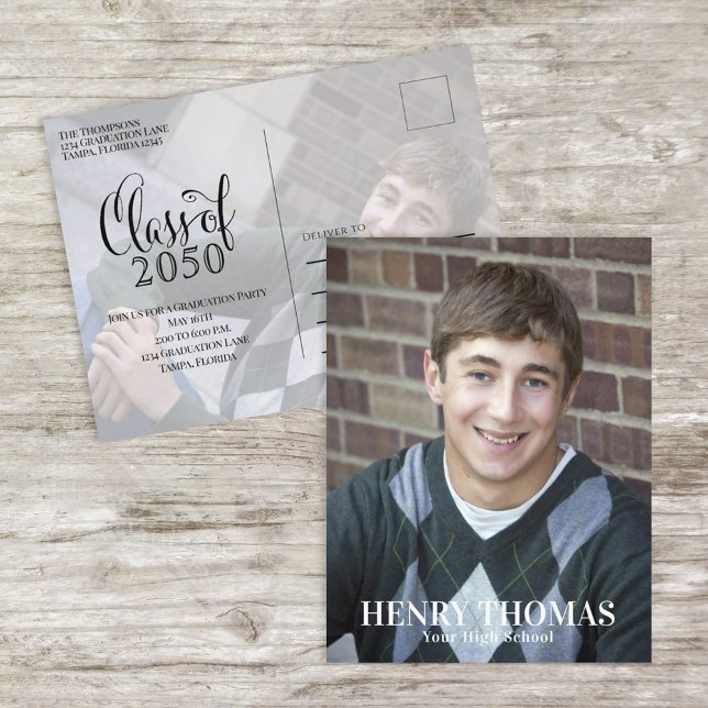 Minimal Modern Script Graduation Photo Invite Postcard (Stylish script grad announcement with refined modern layout.)