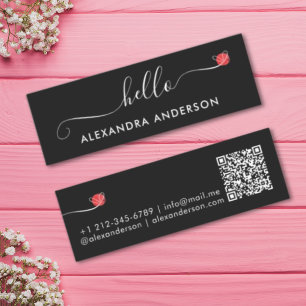 Minimal Modern Script Hello Heart QR Code Mini Business Card