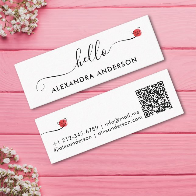Minimal Modern Script Hello Heart QR Code Mini Business Card (Minimal Modern Script Hello Heart QR Code Mini Business Card)