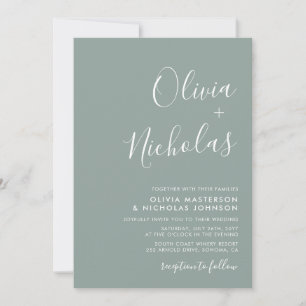 Minimal Modern Script Monogram Sage Green Wedding Invitation