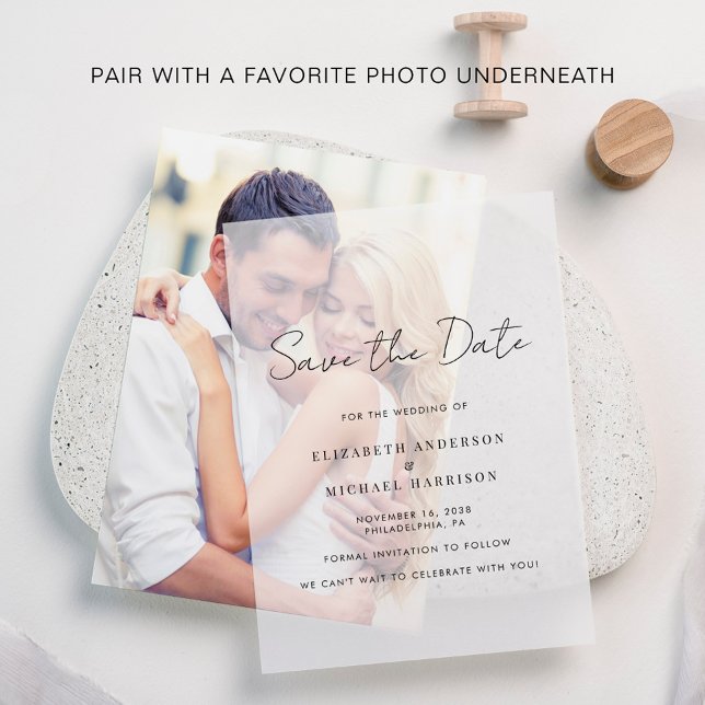 Minimal Modern Script Save the Date Overlay Vellum Invitations (Elevate your wedding save the date announcements with the timeless beauty of vellum overlays)
