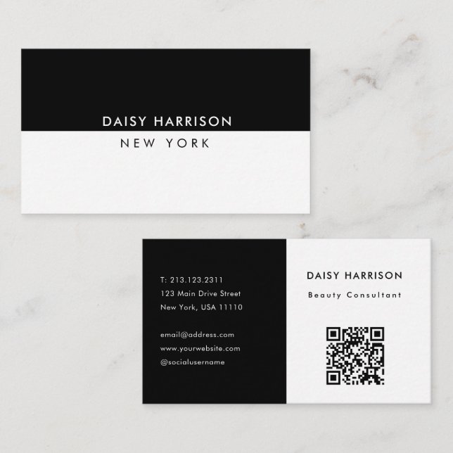 Minimal Modern Simple QR Code White & Black  Business Card (Front/Back)