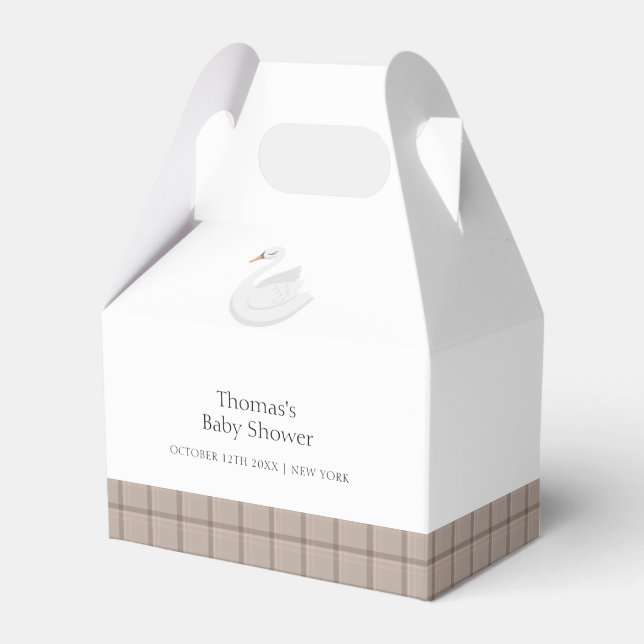 Minimal Modern Swan Plaid Gingham Boy Baby Shower  Favour Box (Front Side)