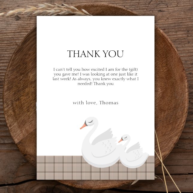 Minimal Modern Swan Plaid Gingham Boy Baby Shower  Thank You Card (Minimal Modern Swan Plaid Gingham Boy Baby Shower Thank You Card)