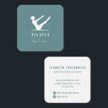 Minimal Modern Teal Green Female Logo Pilates Square Business Card<br><div class="desc">Minimal and Modern teal green Pilates business card with a female Pilates logo silhouette, fully customisable text template and space for your Instagram and TikTok account - simply delete the icons in the design tool if you don't need them. The perfect choice for any professional Pilates studio, Pilates instructor, Pilates...</div>