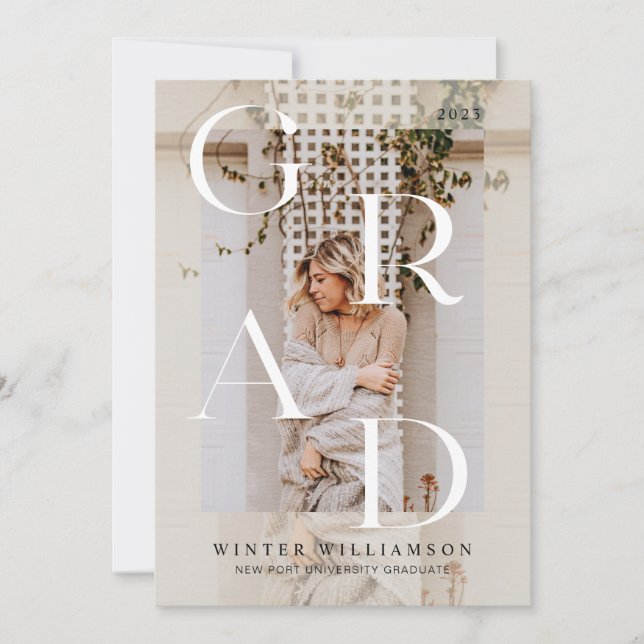 Minimal Modern Type Cream Overlay Grad Photo Invitation (Front)