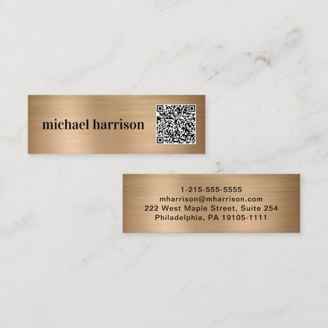 Minimal Modern Typography QR Code Gold Mini Business Card (Front/Back)