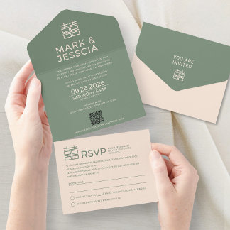 Minimal Modern Vietnamese/English Wedding GREEN    All In One Invitation