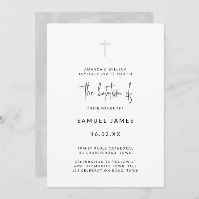 Minimal Modern Watercolor Handwritten Grey Baptism Invitation (Front/Back)