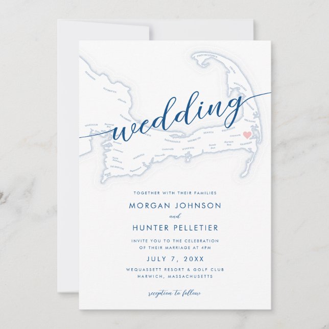 Minimal Modern Wequassett Resort Map Wedding Invitation (Front)
