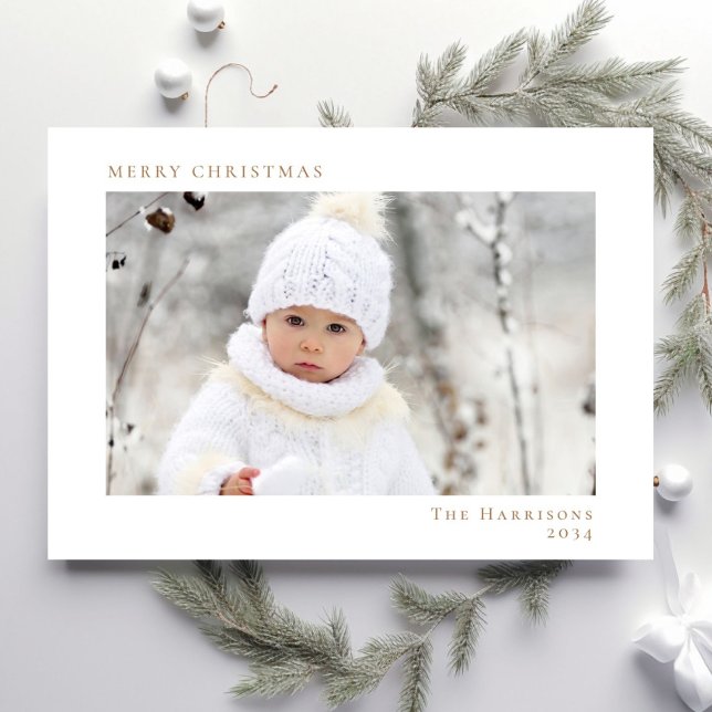 Minimal Modern White Gold Christmas Photo Holiday Card (Share the love and warmth of the holiday season with this personalized photo Christmas card)