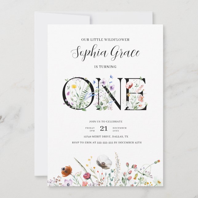 Minimal Modern Wildflower 1st Birthday Invitation (Front)