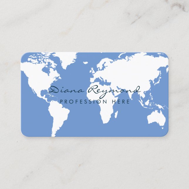 Minimal modern world map on blue business card (Front)