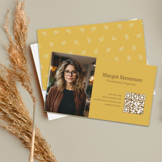 Minimal Modern Yellow Botanical Simple QR Code Business Card (Creator Uploaded)