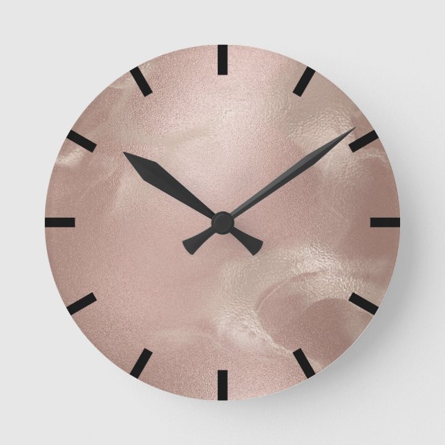 Minimal Molten Skinny Rose Gold Marble Black Urban Round Clock (Front)