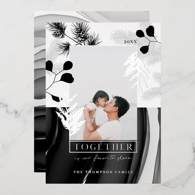 Minimal Monochrome Christmas Japandi Style Photo Foil Holiday Card (Front/Back)