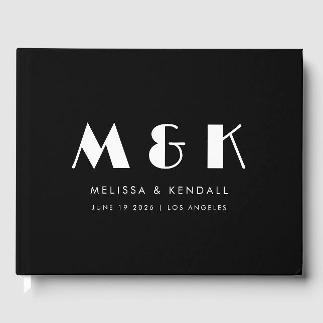 Minimal Monogram Black Custom Initials Wedding  Guest Book (Front)