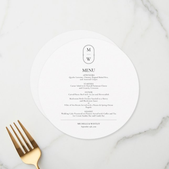 Minimal Monogram Black & White Wedding Menu (Front/Back In Situ)