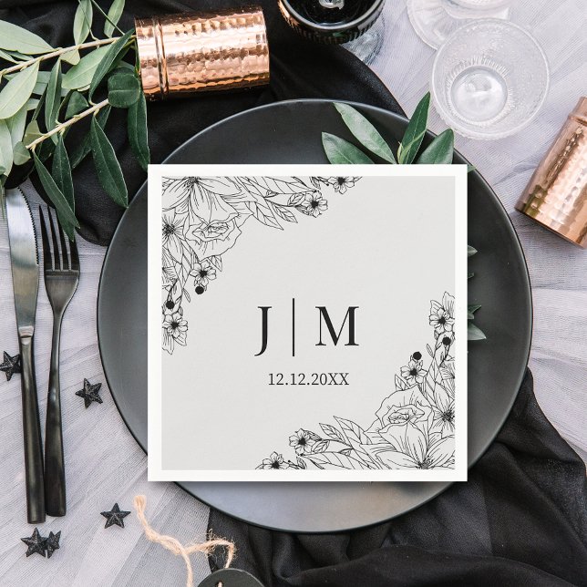 minimal monogram botanical black grey wedding napkin (Creator Uploaded)