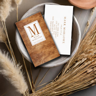 Minimal Monogram Caramel Brown Leather Texture Business Card