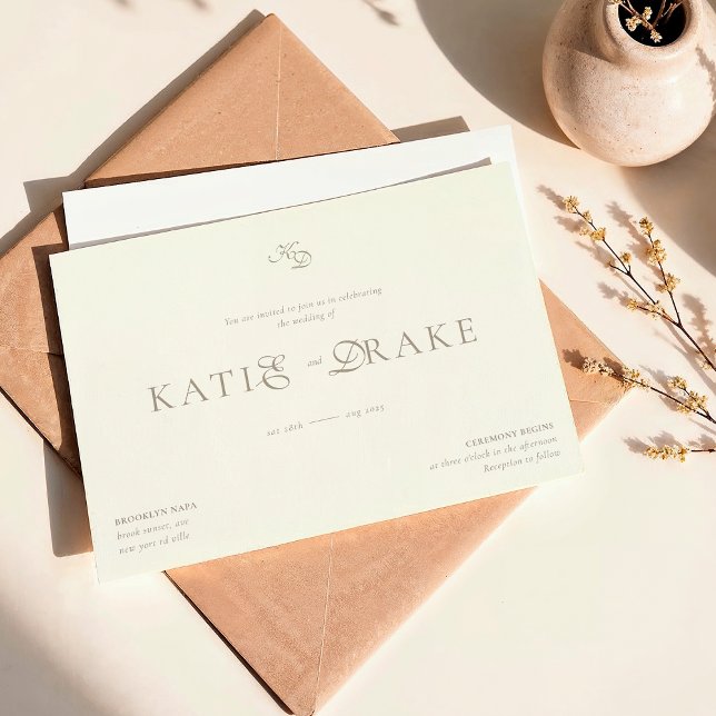Minimal Monogram Cream Ivory Script Wedding Invitation (Creator Uploaded)