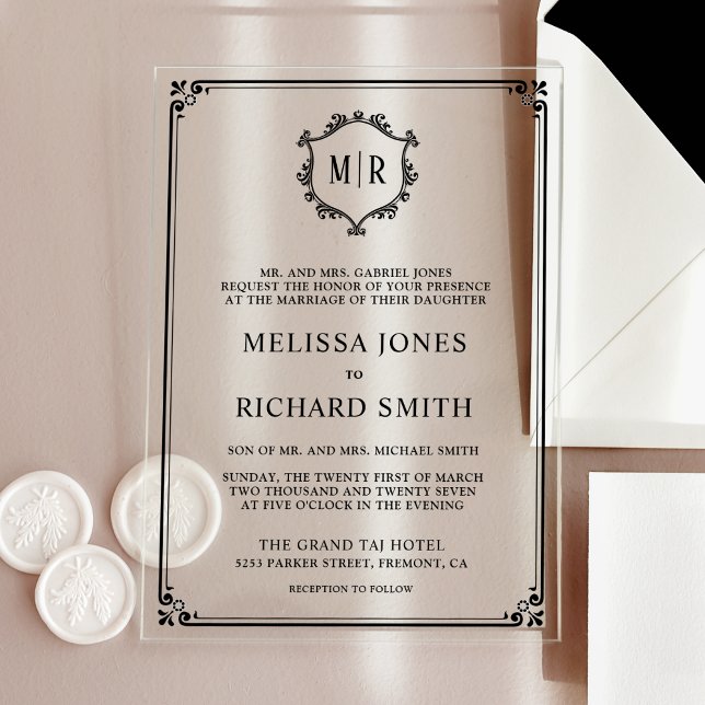 Minimal Monogram Crest Frame Black Wedding Acrylic Invitations (Creator Uploaded)