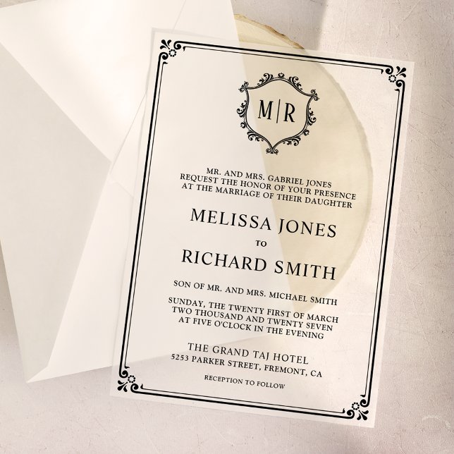 Minimal Monogram Crest Frame Black Wedding Vellum Invitations (Creator Uploaded)