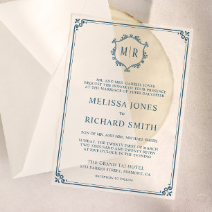 Minimal Monogram Crest Frame Dusty Blue Wedding Vellum Invitations