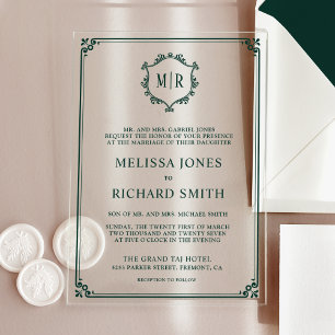 Minimal Monogram Crest Frame Emerald Green Wedding Acrylic Invitations