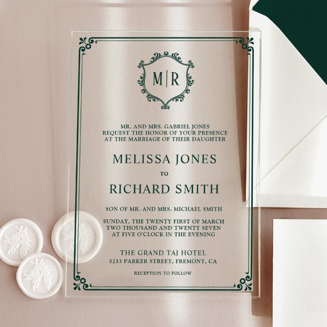 Minimal Monogram Crest Frame Emerald Green Wedding Acrylic Invitations (Creator Uploaded)