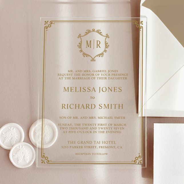 Minimal Monogram Crest Frame Gold Wedding Acrylic Invitations (Creator Uploaded)
